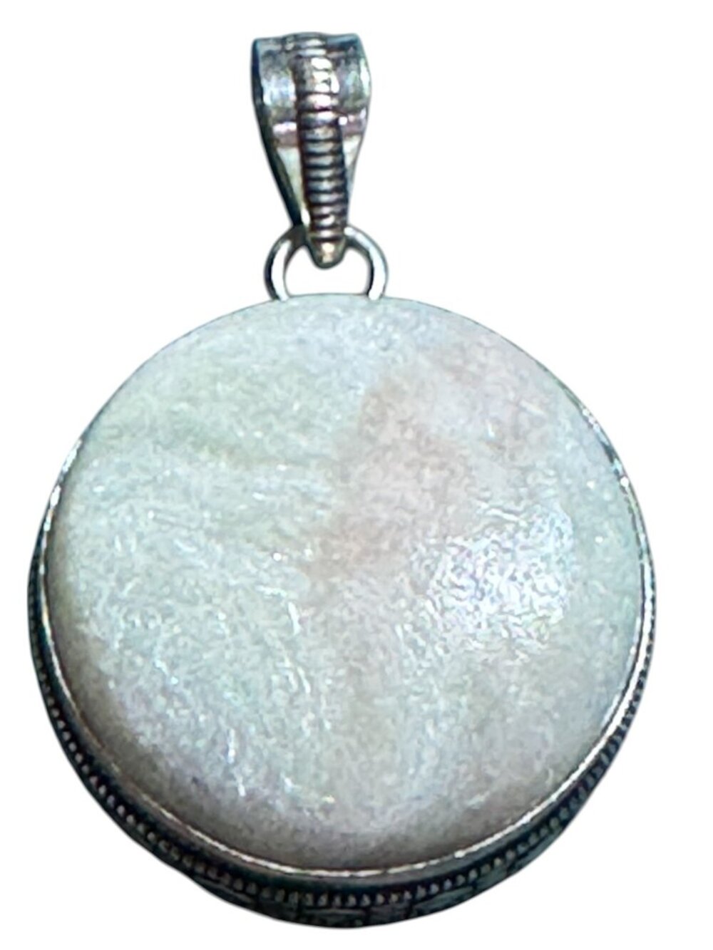 Sterling Silver 925 Round Pendant Mother of Pearl Shell White Iridescent Vintage